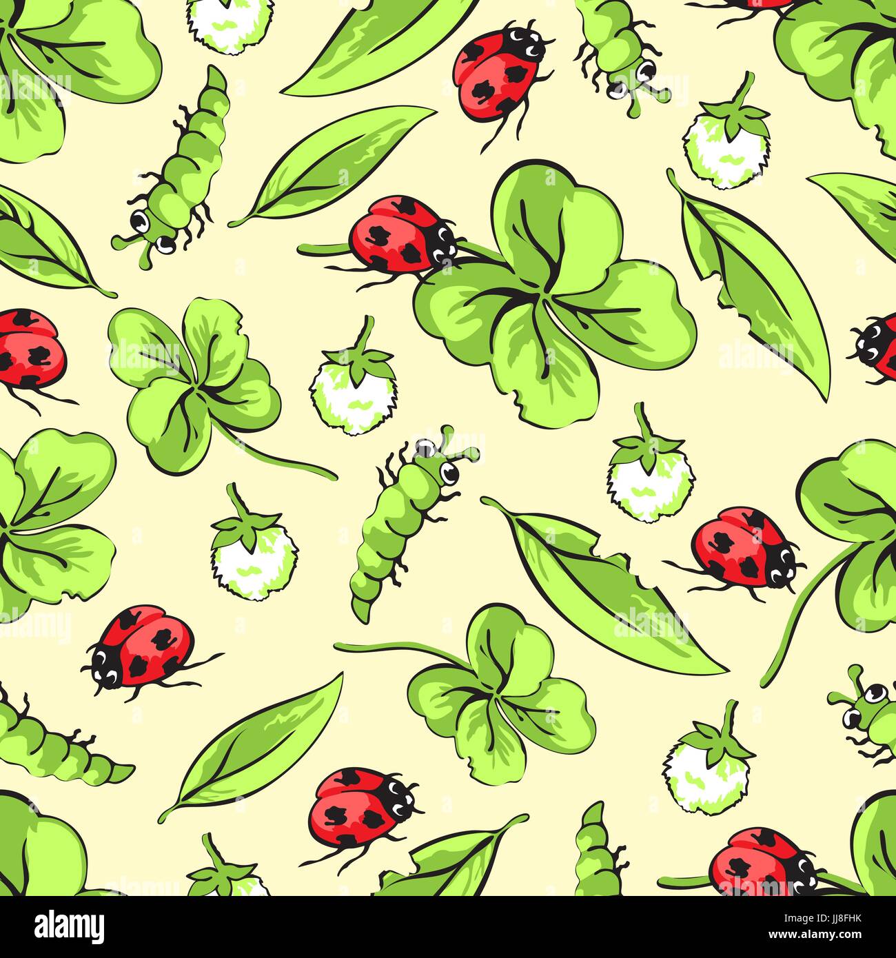 Cartoon hand drawing beetle ladybug and caterpillars, leaves and flowers of clover seamless pattern, vector background. Funny insects on a yellow back Stock Vector Image & Art - Alamy Cartoon hand drawing beetle ladybug and caterpillars, leaves and flowers of clover seamless pattern, vector background. Funny insects on a yellow back Stock Vector Image & Art - Alamy