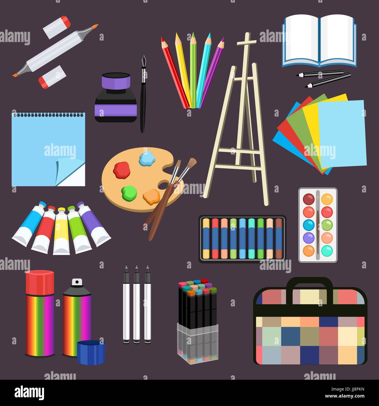 Realistic art supplies, set art materials. Professional art marker, colored  pencil, sketchbook, palette and brush, easel, paint in tube, watercolor, s  Stock Vector Image & Art - Alamy
