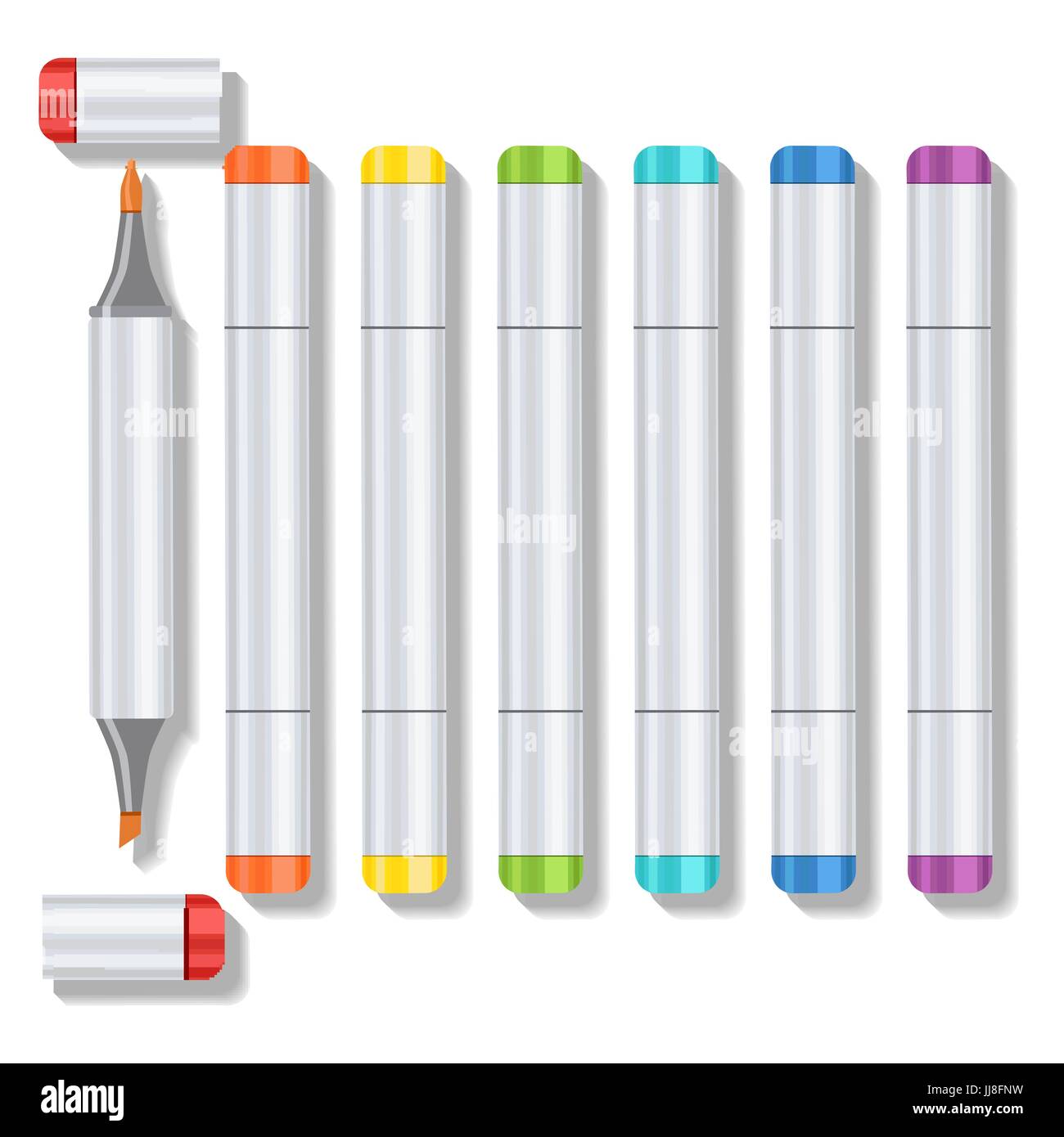 Set realistic multicolored professional art marker with two tips and removable caps. Markers of
