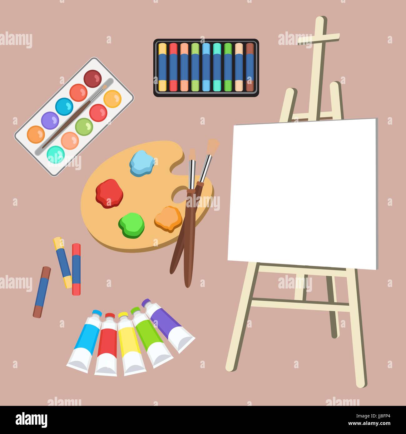 Realistic art supplies, set art materials. Artist Accessories. Easel, canvas,  tablet, pastel, paint in tubes, watercolor, palette and brush. Vector ob  Stock Vector Image & Art - Alamy