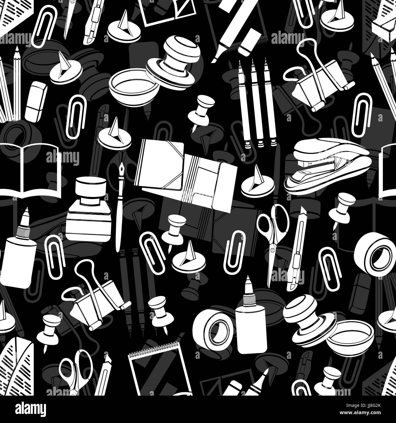 Stationery Seamless Pattern Vector Black And White Background Monochrome Illustration White Office Tools On A Black Backdrop For Wallpaper Design Wrappers Fabric Stock Vector Image Art Alamy