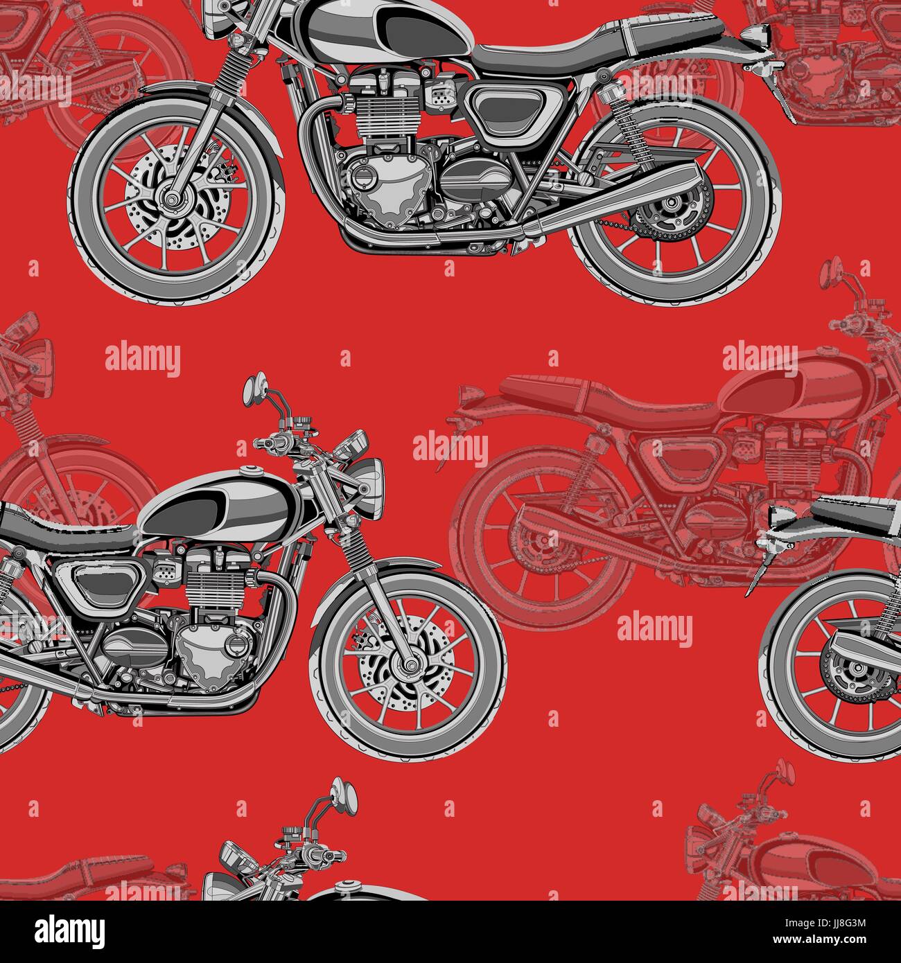Motorcycle seamless pattern, vector background. Monochrome illustration. Black and white motorcycles with many details on a red background. For wallpaper design, fabric, wrappers Stock Vector