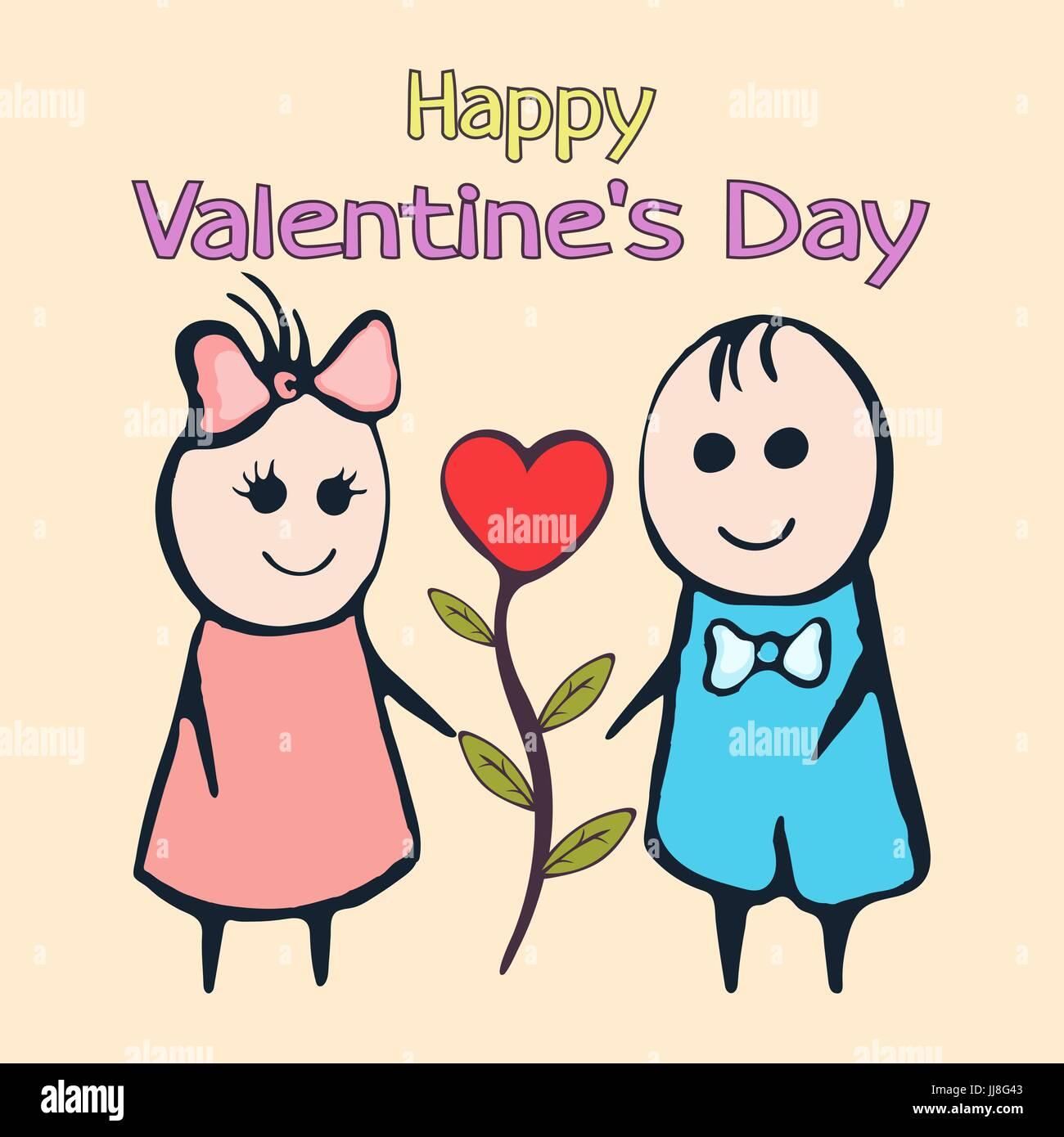 Happy Valentine's Day card, banner, poster, love confession. Cartoon  painted lovers boy and girl with a flower bud of the heart. Hand drawing.  Vector illustration in children' style Stock Vector Image &