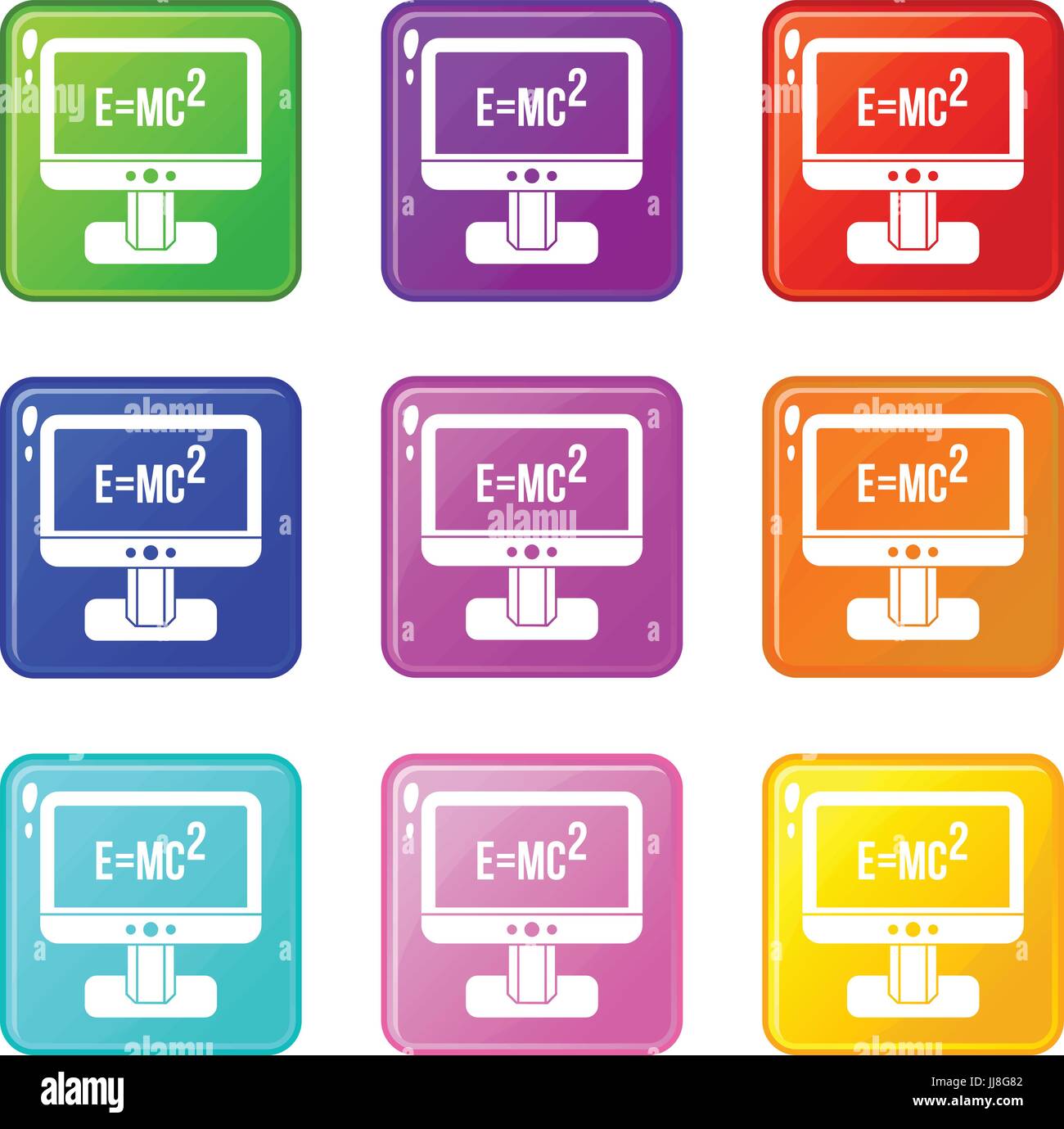 Monitor with Einstein formula icons 9 set Stock Vector