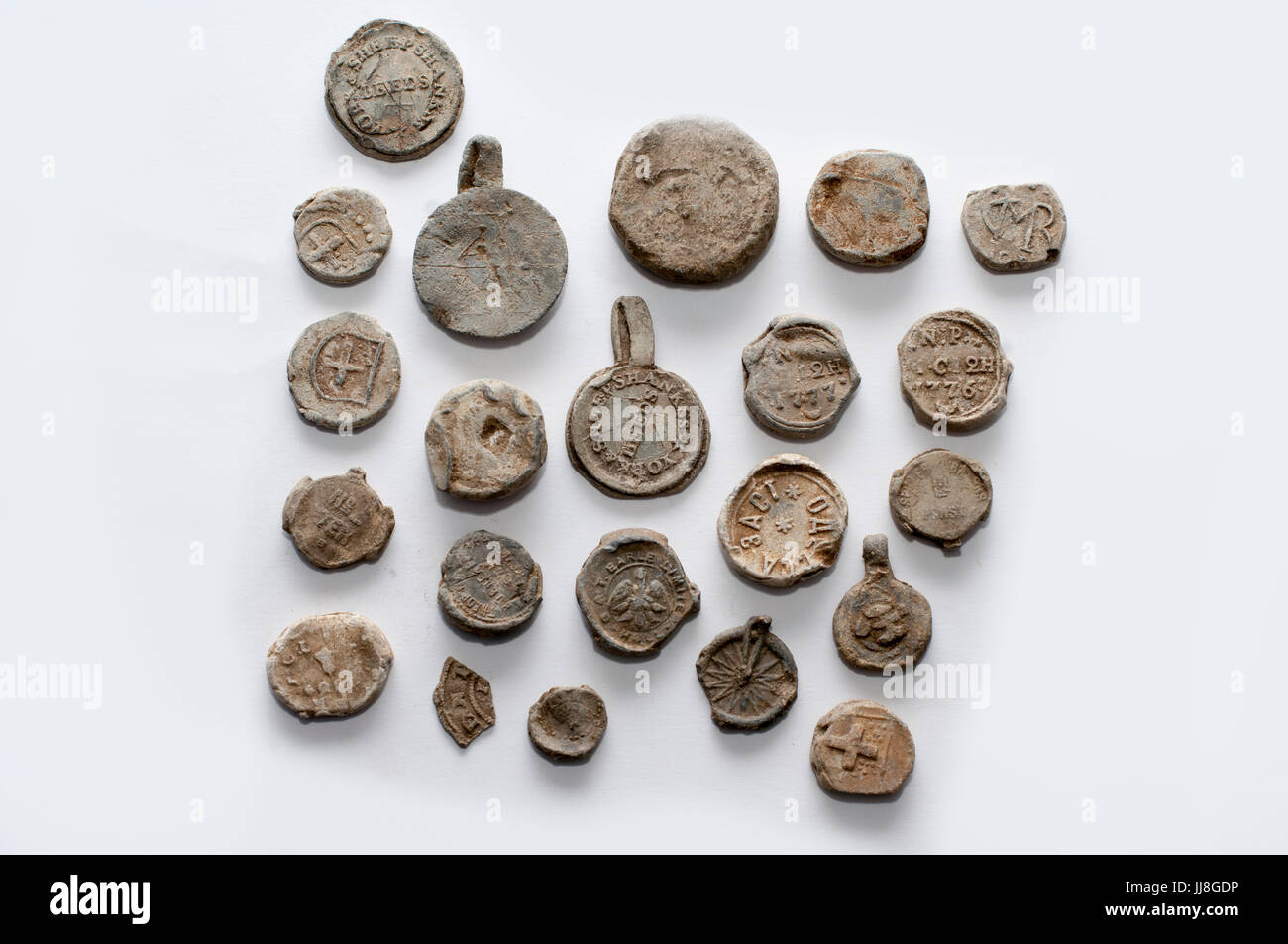 A collection of old lead bag seals found in The East Riding of