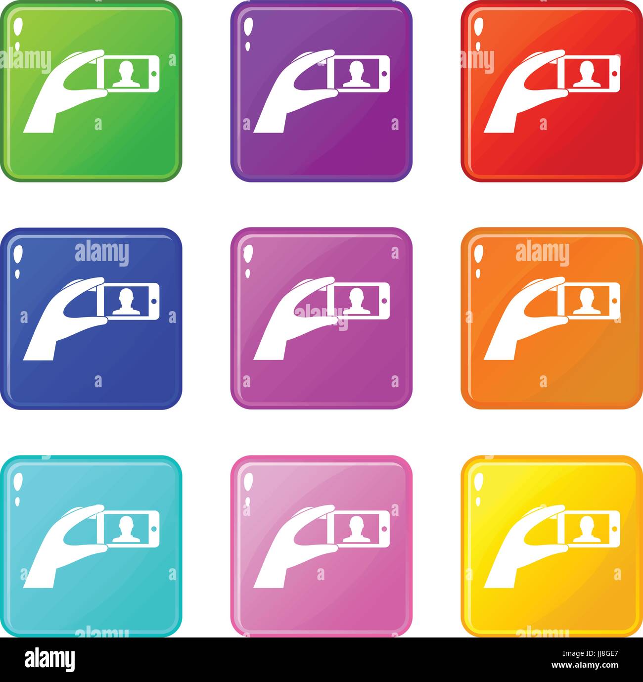 Hand holding mobile phone with photo icons 9 set Stock Vector Image ...