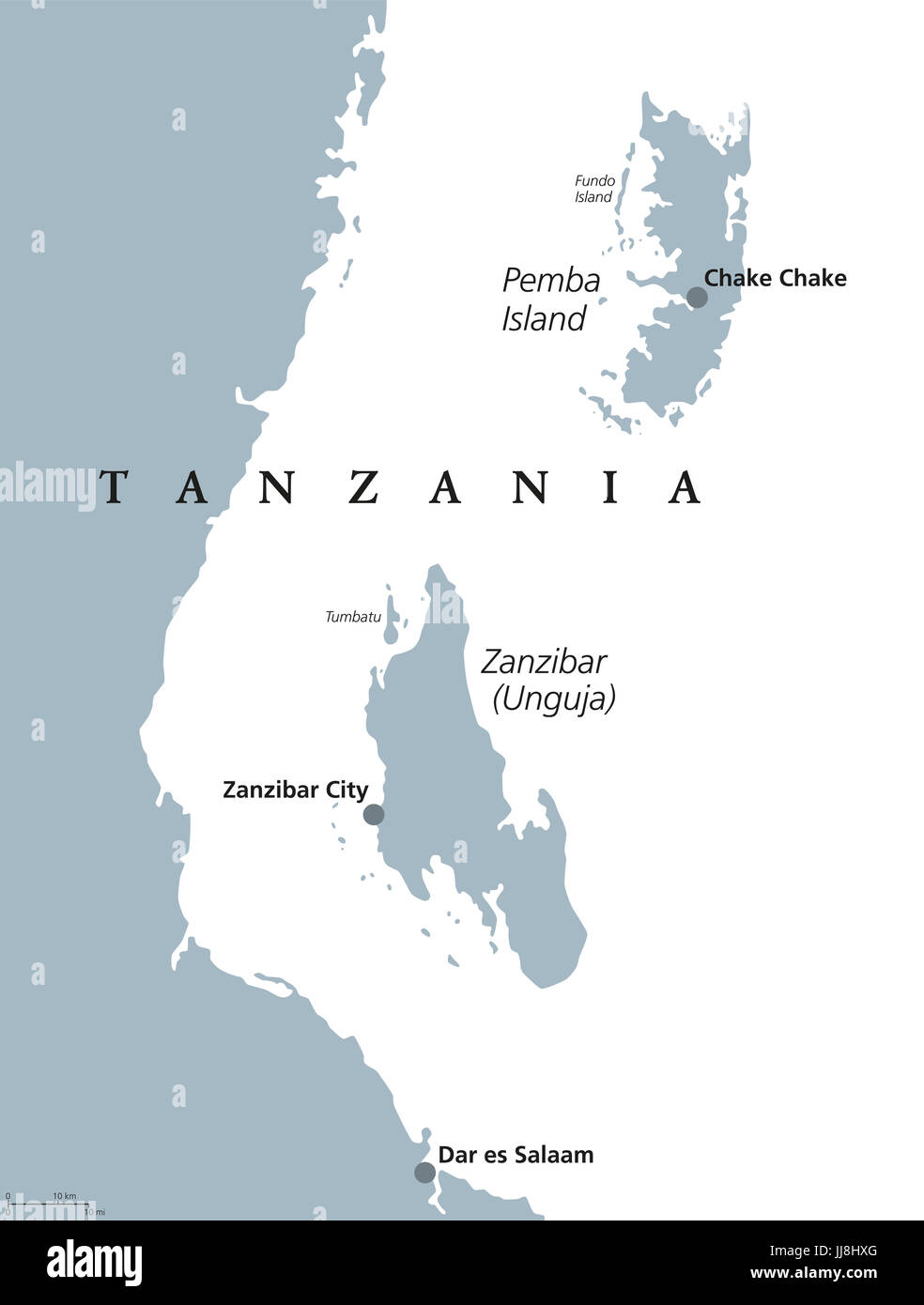 Zanzibar and Pemba Island political map. Semi-autonomous region of Tanzania in East Africa. Zanzibar Archipelago in the Indian Ocean. Illustration. Stock Photo