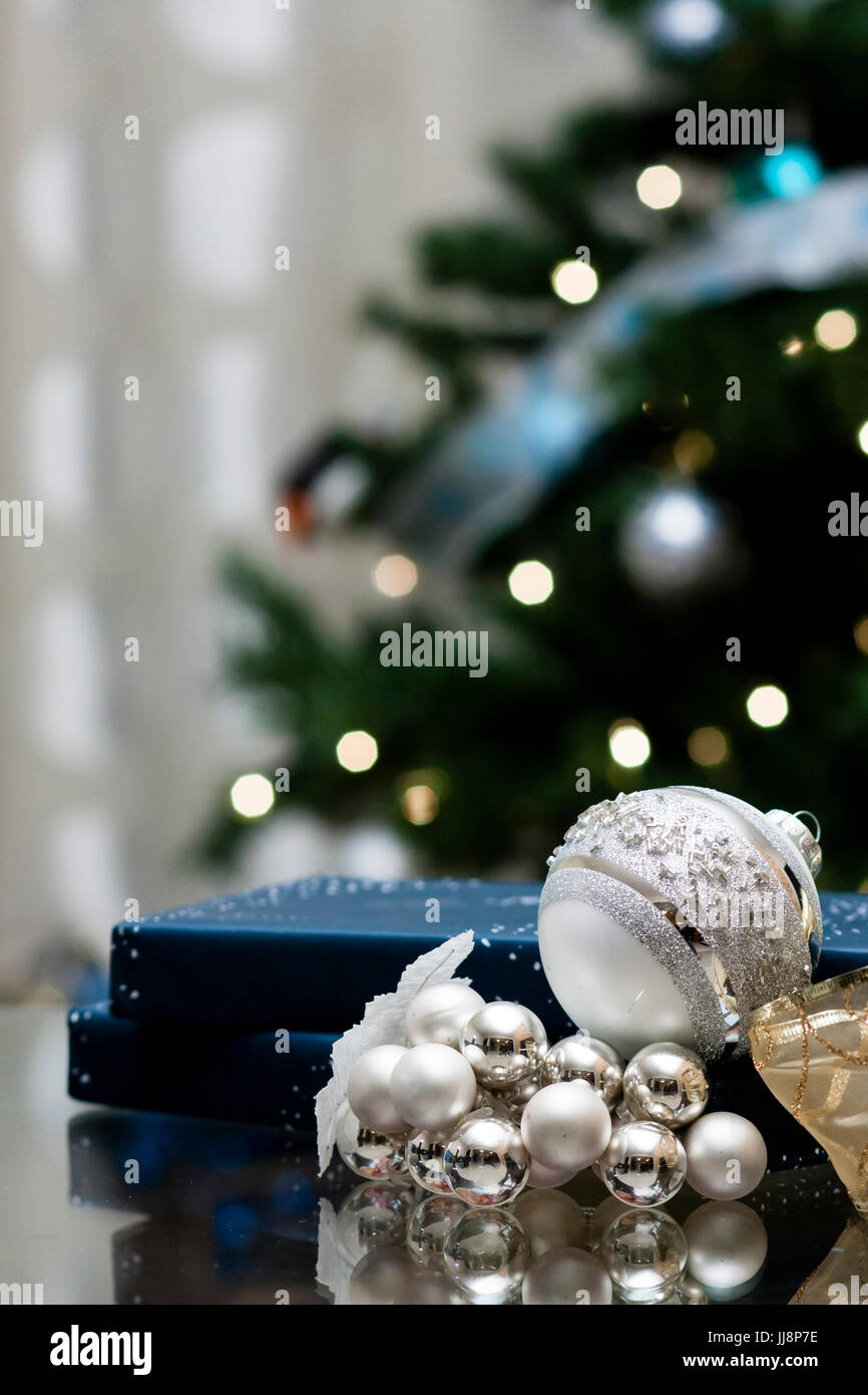 Blue gold and silver christmas tree decorations hi-res stock ...