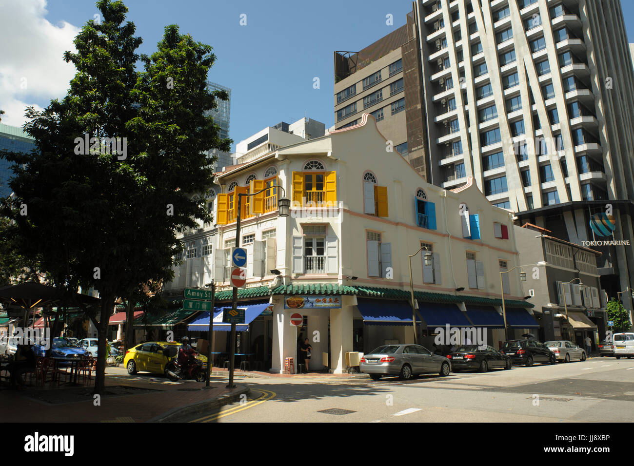 Traditional three-storey shophouse buildings on corner of Telok Ayer Street and Amoy Street, Singapore Stock Photo