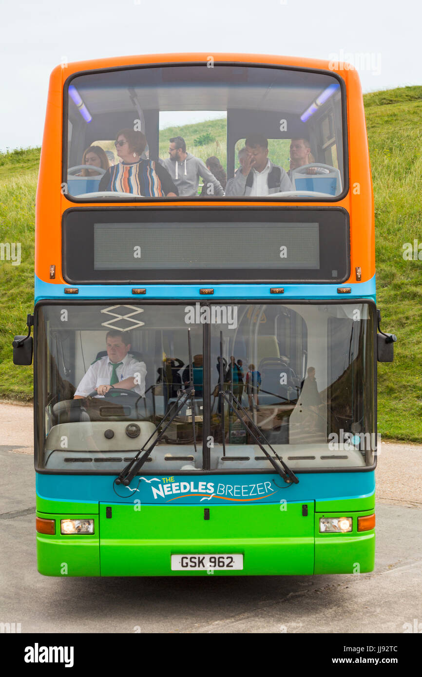 Needles breezer open top double decker bus take tourists around the island at Isle of Wight, Hampshire, England UK  in July Stock Photo