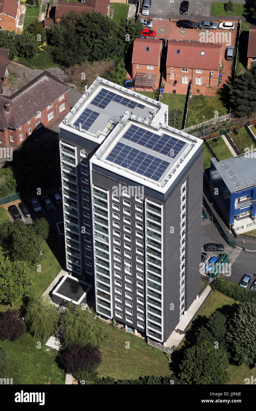 aerial view of Bickerdike Court, two tower blocks in Belle Vue district of Manchester, UK Stock Photo