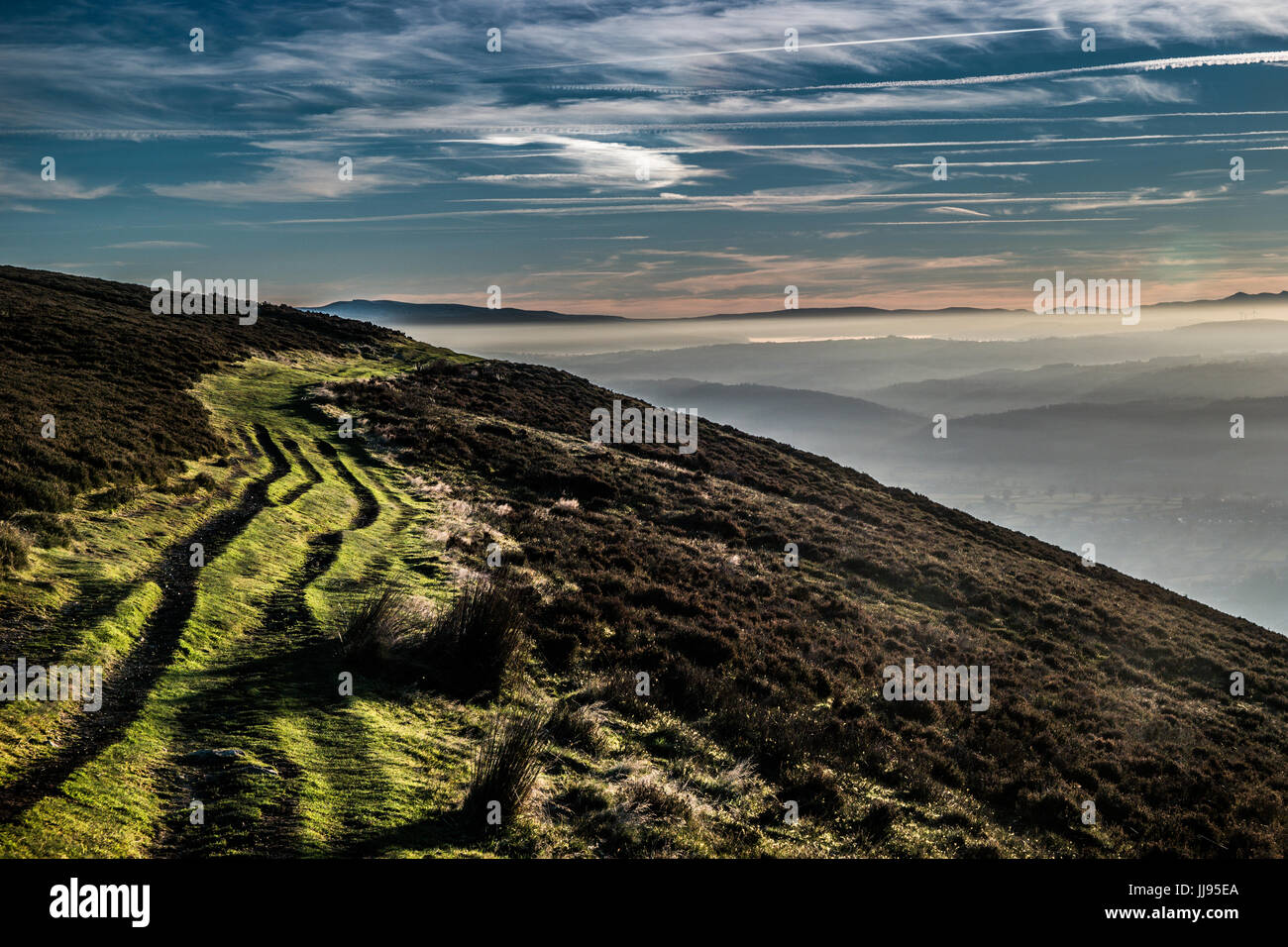 Hill path at high level in heather moorland with misty valley. Stock Photo
