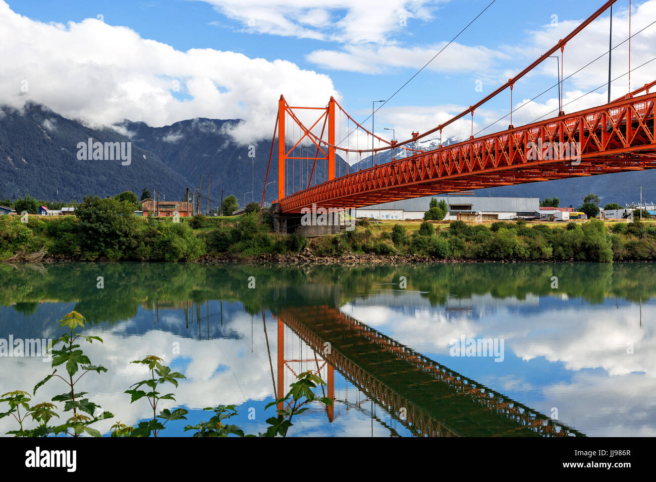 Presidente Ibanez Bridge across Aysen River, Puerto Chacabuco, Chile Stock Photo