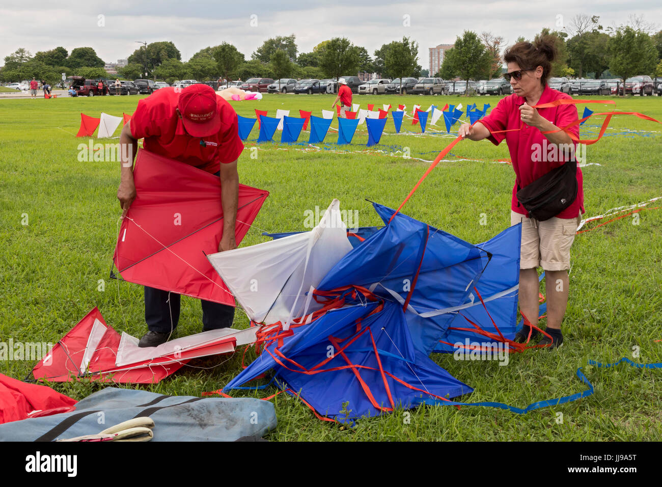 Detroit, Michigan Members of the Windjammers Kite Team untangle a