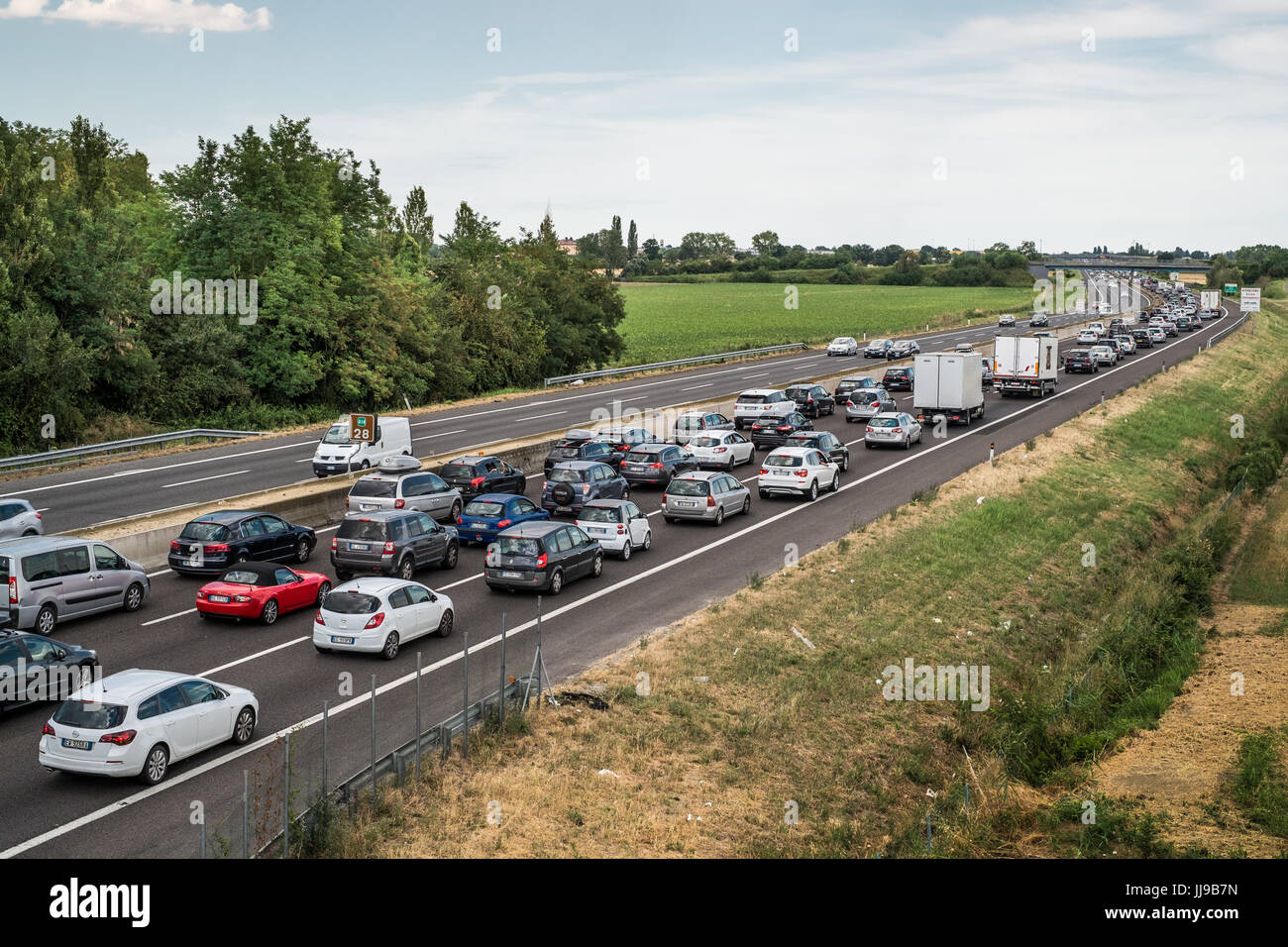 2017-07-15: E45 - A14 between Bologna and Imola (Emilia Romagna), Italy; slow traffic to the vacation destinations. Stock Photo