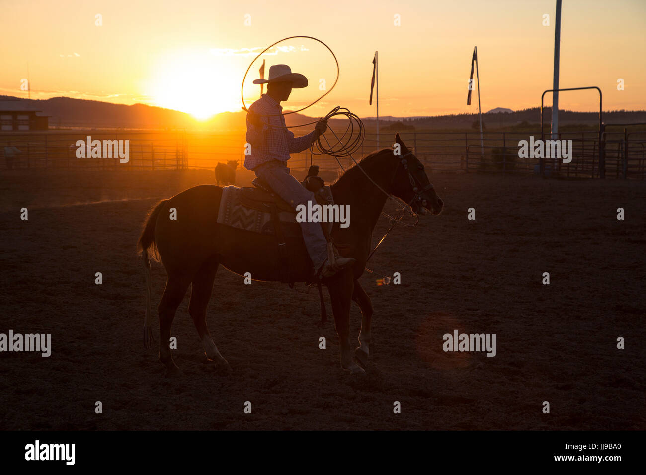 A cowboy tosses a lasso in the air at sunset during a rodeo in Utah. Stock Photo