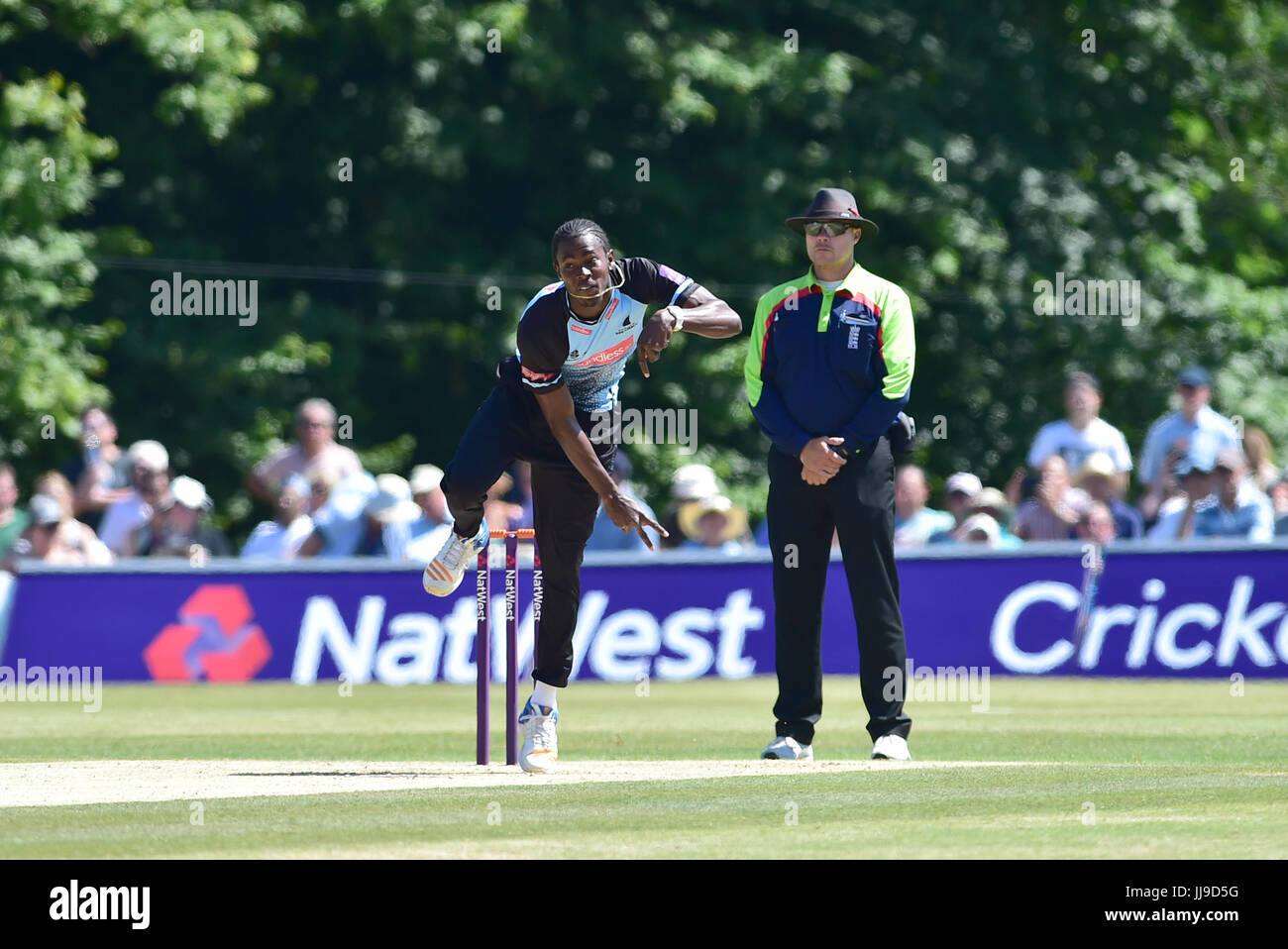 Jofra Archer of Sussex Sharks bowling v Glamorgan in the NatWest T20 blast match at the Arundel Castle ground in West Sussex UK Sunday 9th July 2017  Photograph taken by Simon Dack Stock Photo