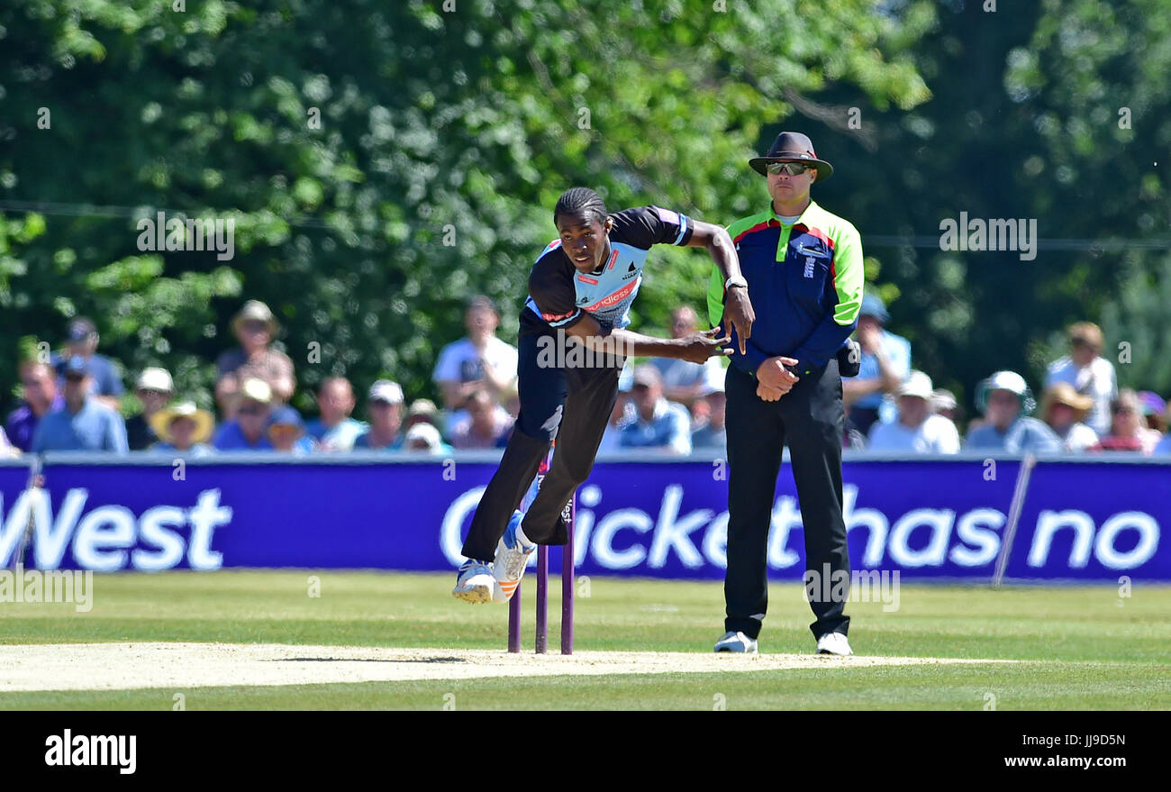 Jofra Archer of Sussex Sharks bowling v Glamorgan in the NatWest T20 blast match at the Arundel Castle ground in West Sussex UK Sunday 9th July 2017 Photograph taken by Simon Dack Stock Photo