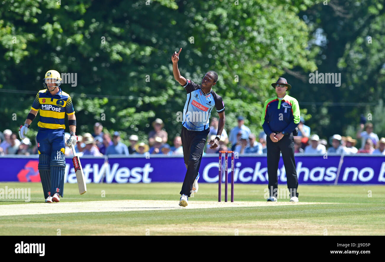 Jofra Archer of Sussex Sharks taking a wicket v Glamorgan in the NatWest T20 blast match at the Arundel Castle ground in West Sussex UK Sunday 9th July 2017 Stock Photo