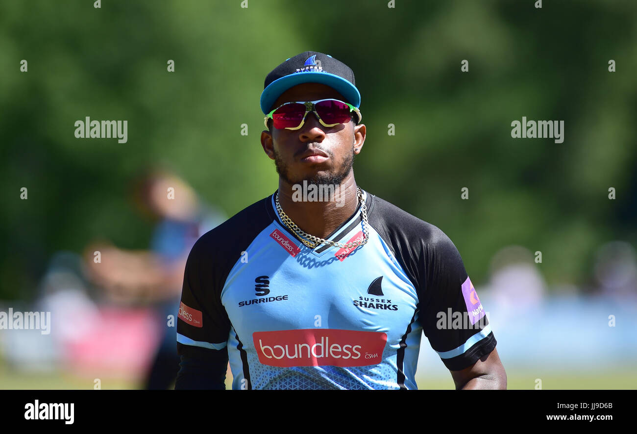Chris Jordan of Sussex Sharks v Glamorgan in the NatWest T20 blast match at the Arundel Castle ground in West Sussex UK Sunday 9th July 2017 Stock Photo