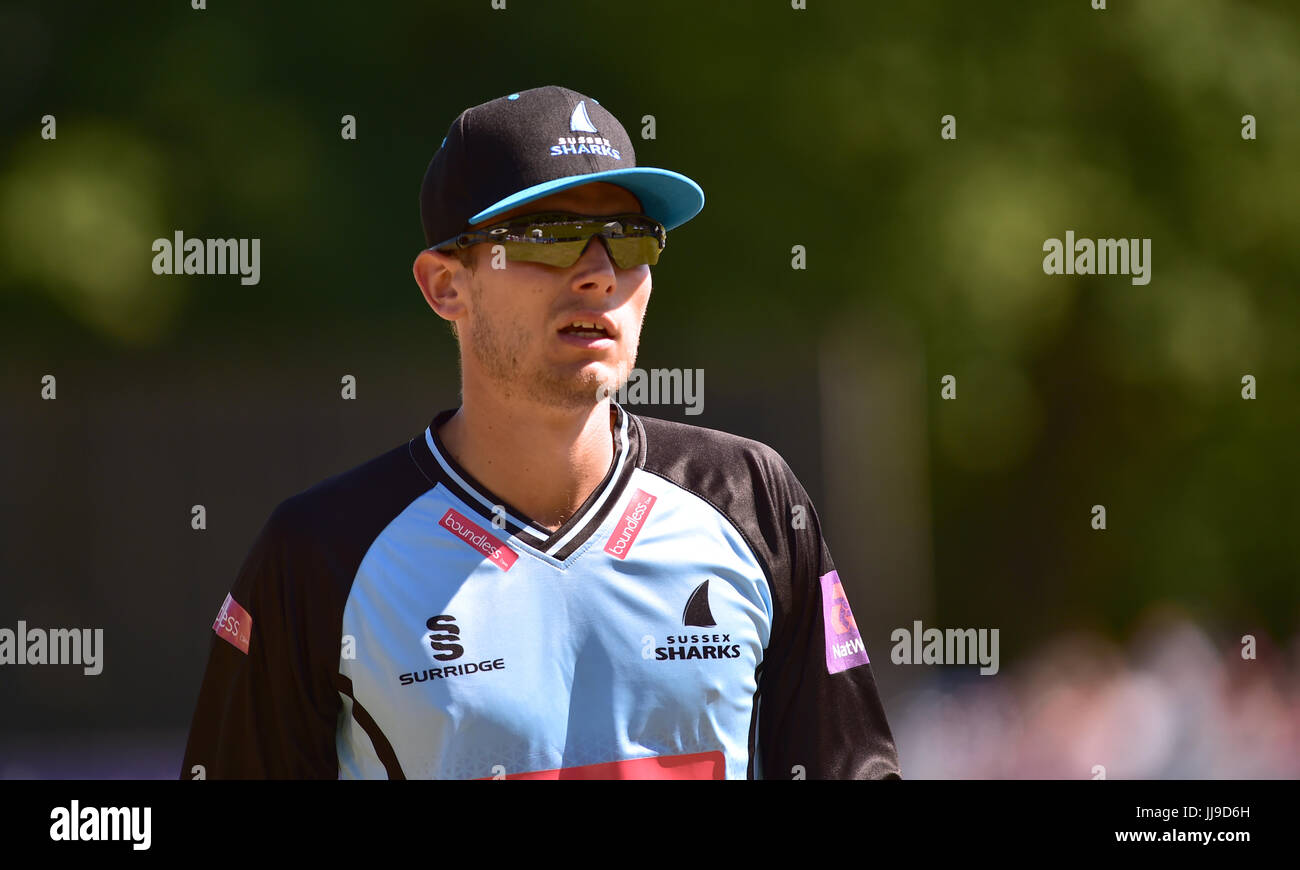 Danny Briggs of Sussex Sharks v Glamorgan in the NatWest T20 blast match at the Arundel Castle ground in West Sussex UK Sunday 9th July 2017 Stock Photo