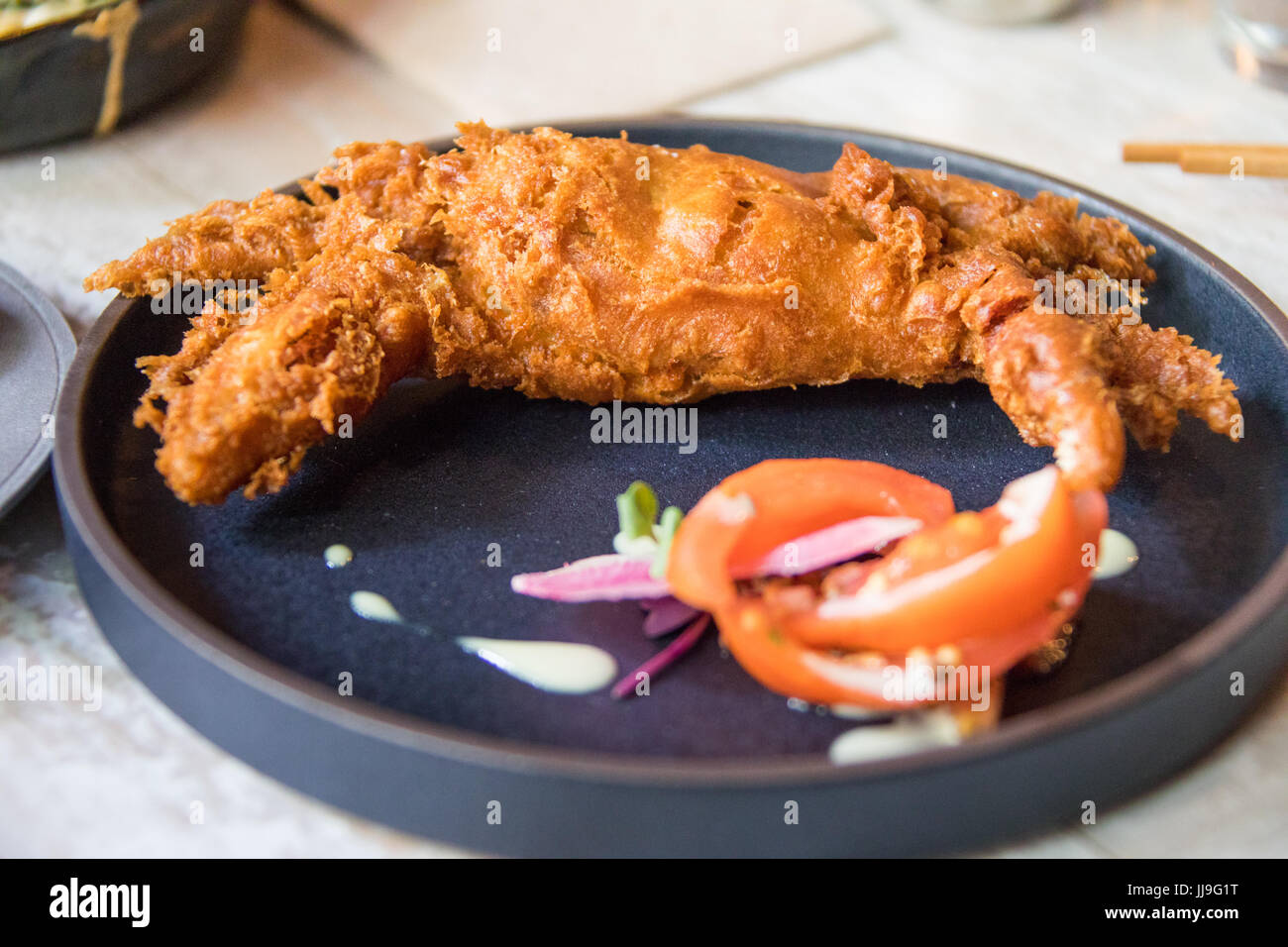 Soft shell crab wasabi remoulade, pickeled tomatoes at Thursday Kitchen, East Village, New York City Stock Photo