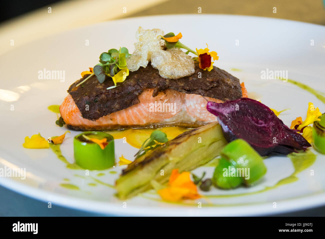 Koji-cured wild sockeye salmon at Nomad restaurant, Vancouver, Canada Stock Photo