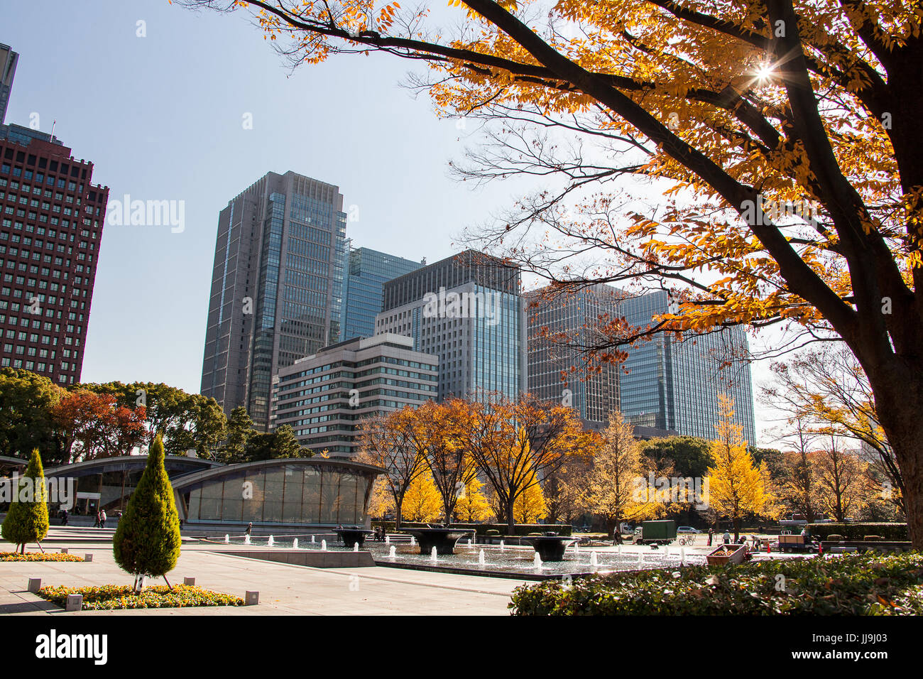 Wadakura Fountain Park glows golden with the colors of autumn, Tokyo, Japan. Stock Photo
