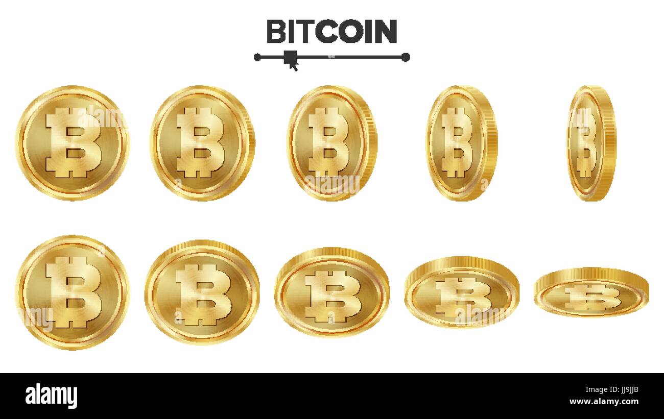 Bitcoin 3D Gold Coins Vector Set. Realistic. Flip Different Angles ...