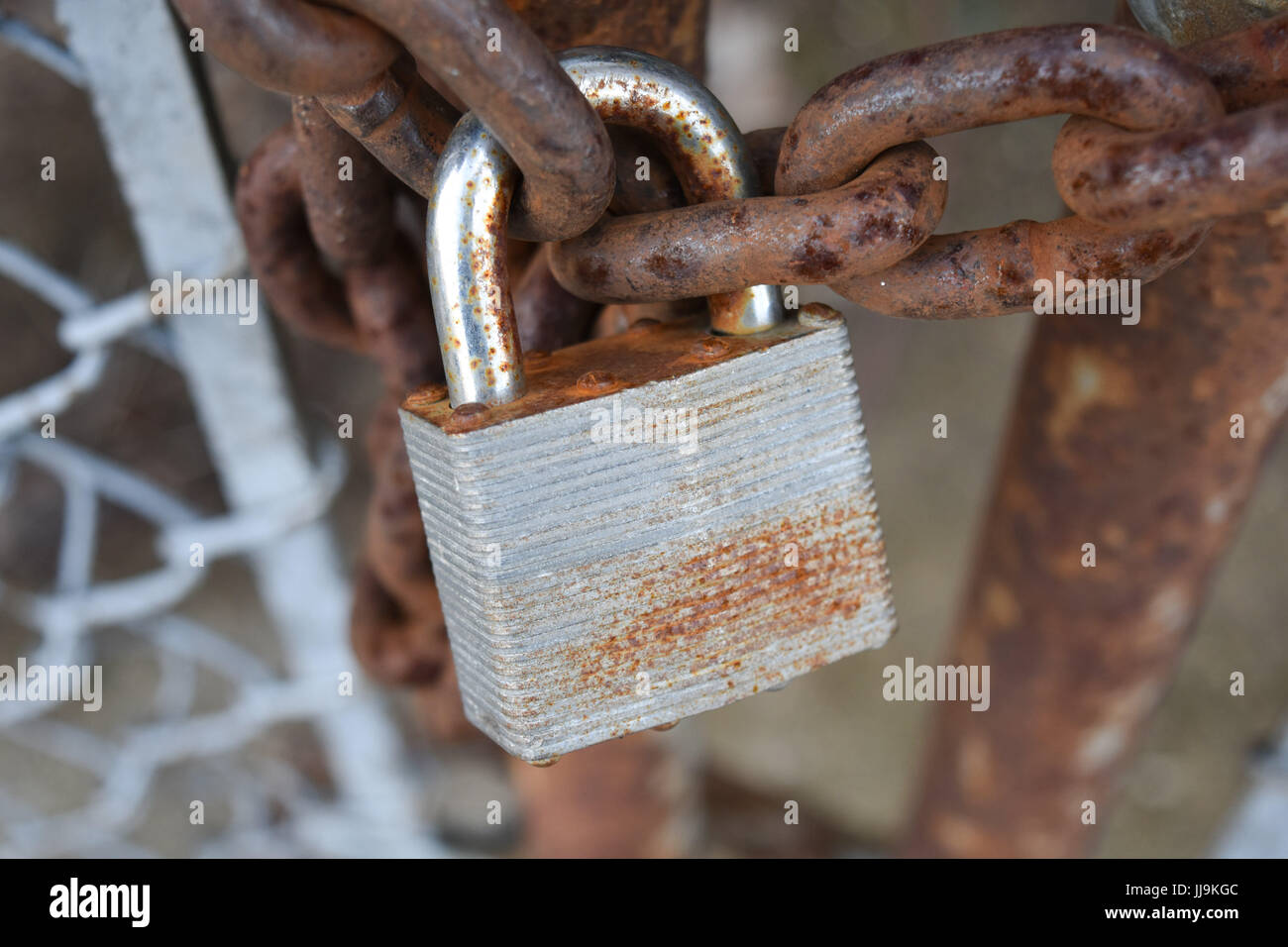 Detail of a padlock on a chain link fence Stock Photo - Alamy