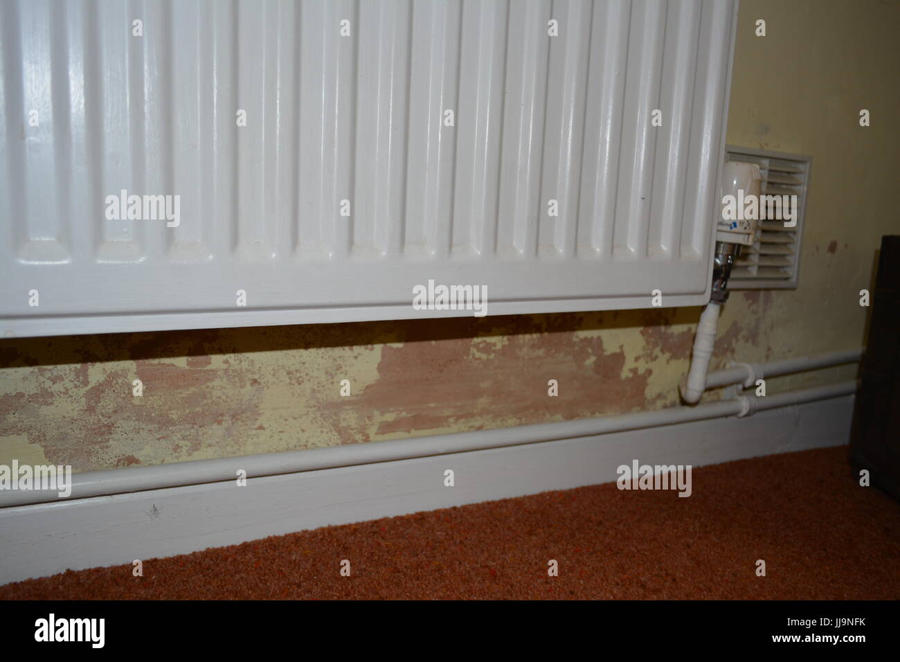 Rising damp on inside wall of old house re peeling paint poor decoration DPC DPM damp proof course membrane radiator ventilation heat heating pipes UK Stock Photo