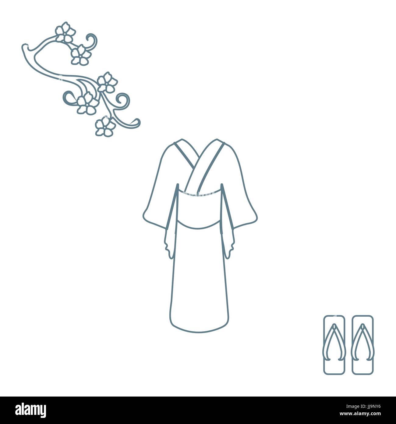 Cute illustration of branch of cherry blossoms and traditional japanese