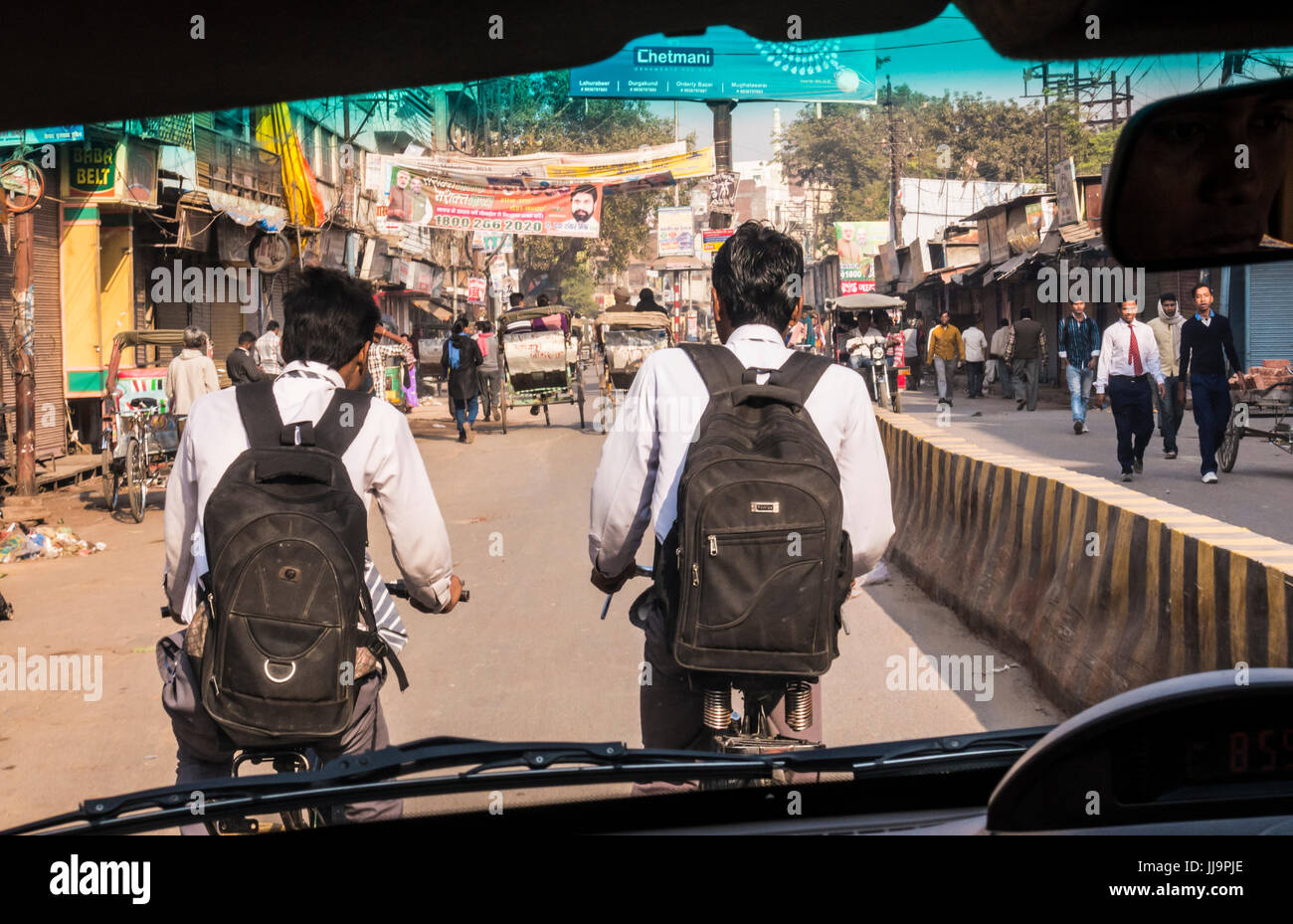 Street scene through windshield in Varanasi, India. Stock Photo