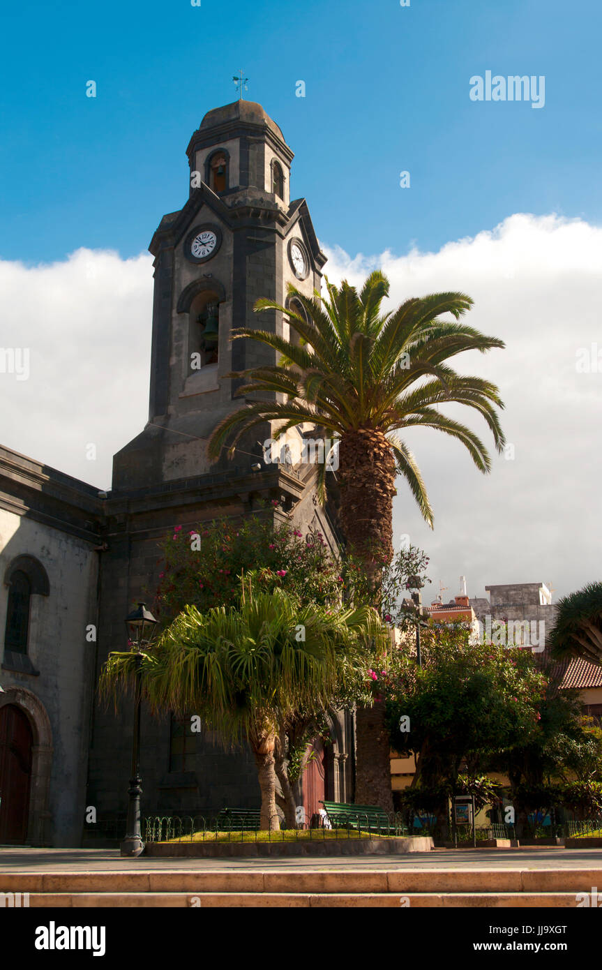 church with clock tower in puerto de la cruz, tenerife, canary islands
