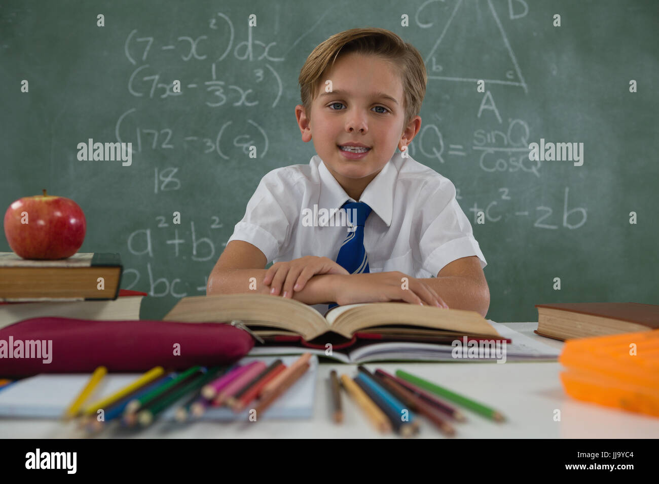 Portrait of schoolboy reading book in classroom Stock Photo - Alamy