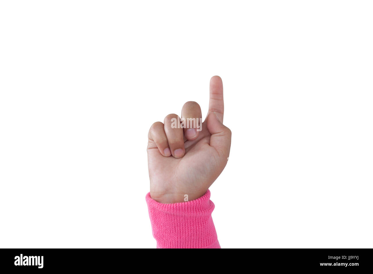 Close-up of girl hand pointing fingers against white background Stock Photo