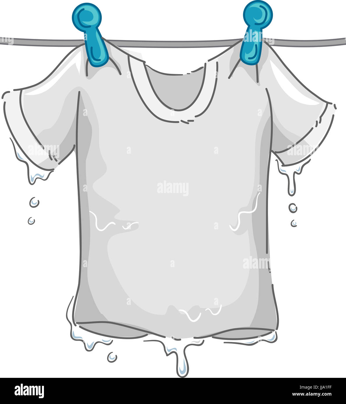 Illustration of a Dripping White T-shirt Hanging From the Clothesline as it Dries Stock Photo