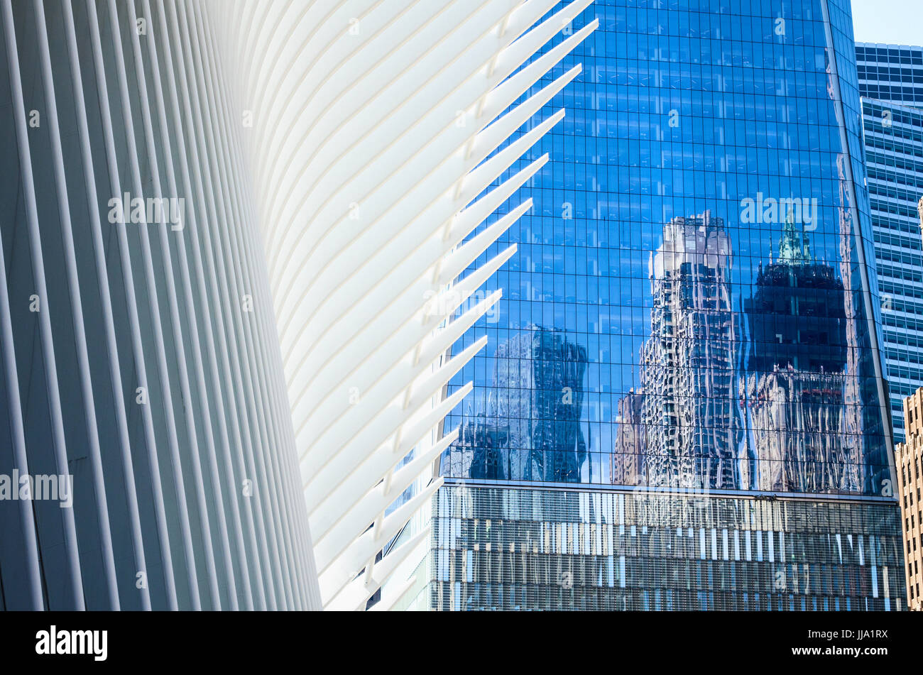 New York Financial District with World Trade Center, Oculus, reflections Stock Photo