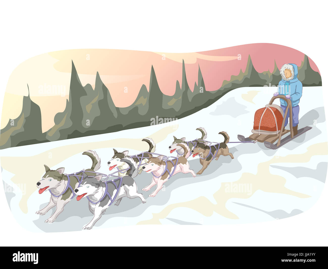 Animal Illustration Featuring a Man Leading a Pack of Sled Dogs Down a ...