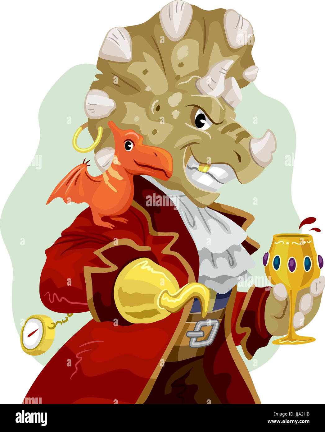 Mascot Illustration of a Triceratops Dressed as a Pirate with a Pterosaur Resting on its Shoulder Holding a Glass of Wine Stock Photo