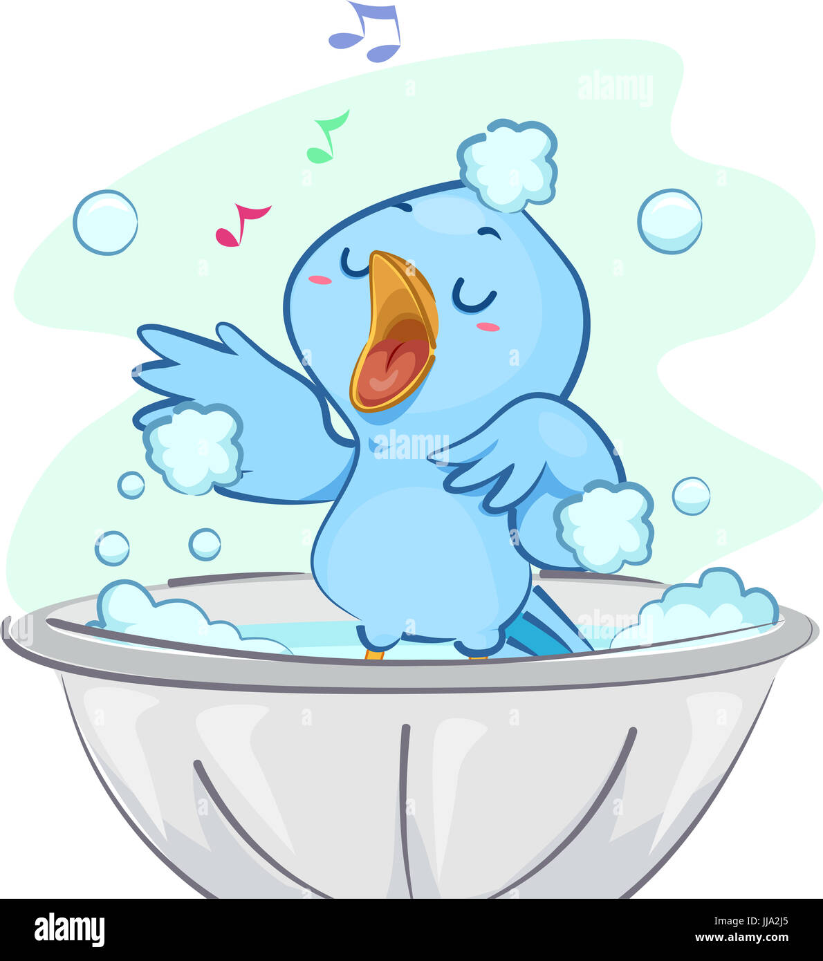 Illustration of a Cute Blue Bird Singing Happily While Taking a Bubble