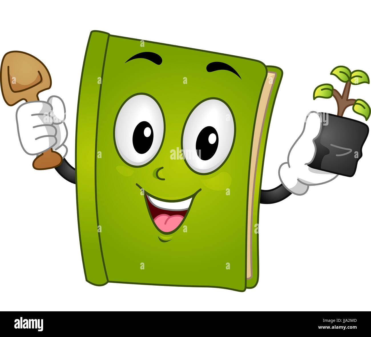 Mascot Illustration of a Green Book Holding a Trowel in One Hand and a Sapling in the Other Stock Photo