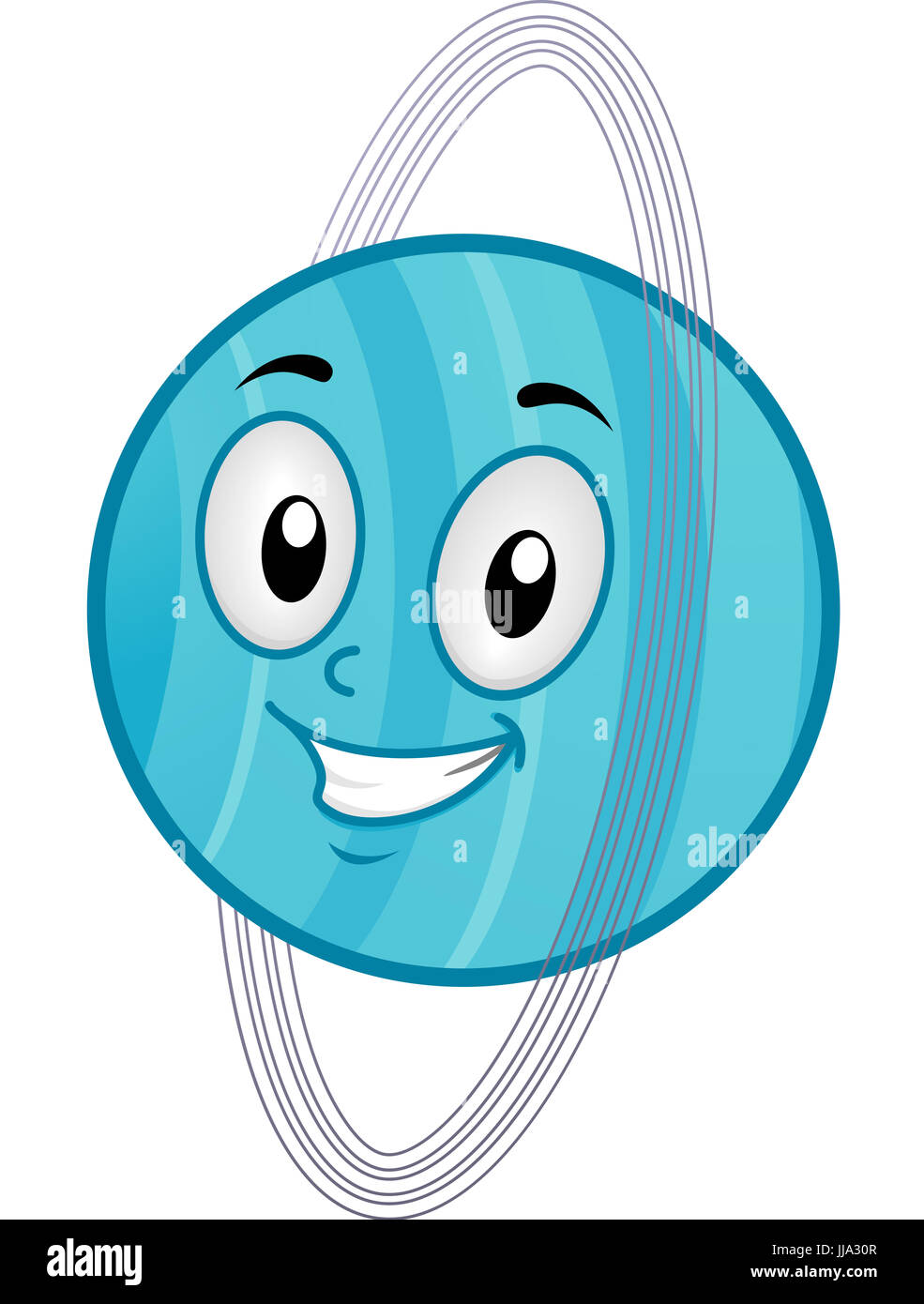 Illustration of a Uranus Mascot Featuring a Smiling Blue Planet Surrounded by Giant Rings Stock Photo