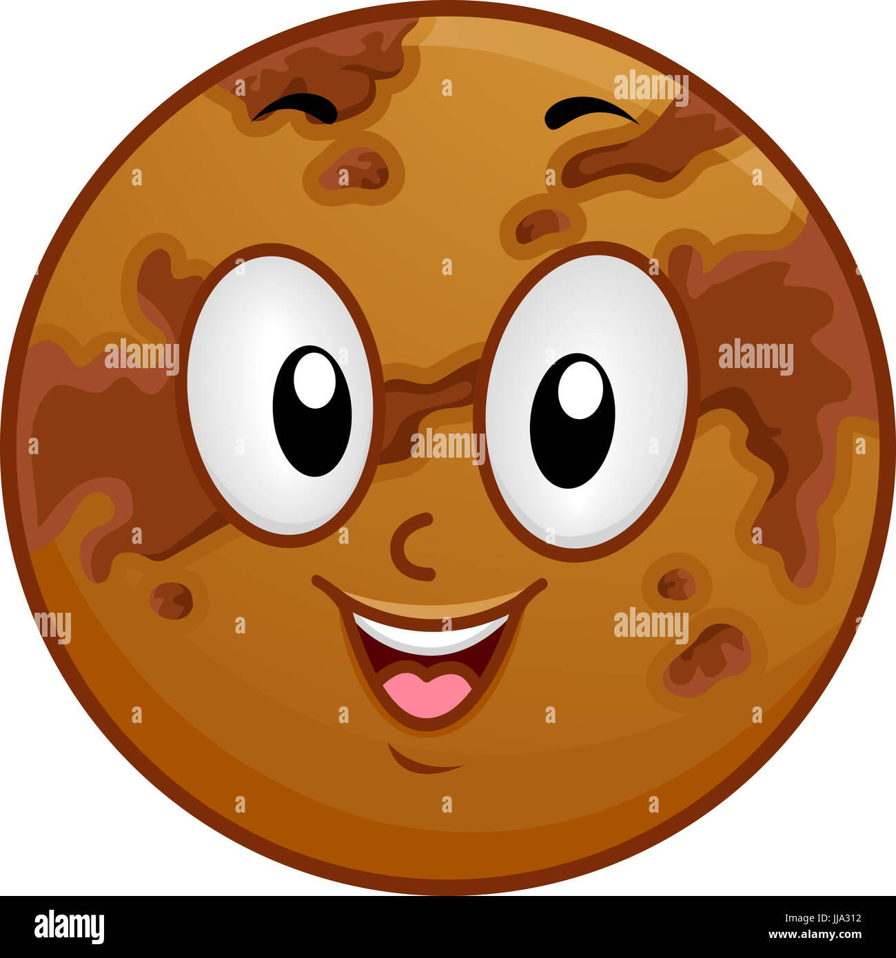 Illustration of a Venus Mascot Featuring a Smiling Brown Planet Covered with Dark Spots Stock Photo