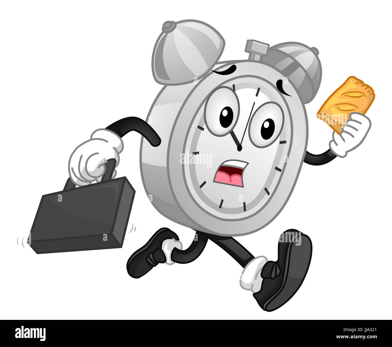 Mascot Illustration of a Panicking Analog Alarm Clock Eating a Piece of Pie While Running Stock Photo