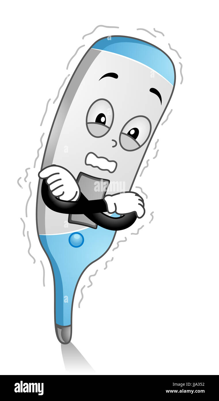 Mascot Illustration of a Shivering Blue Digital Thermometer Clutching its Arms for Warmth Stock Photo