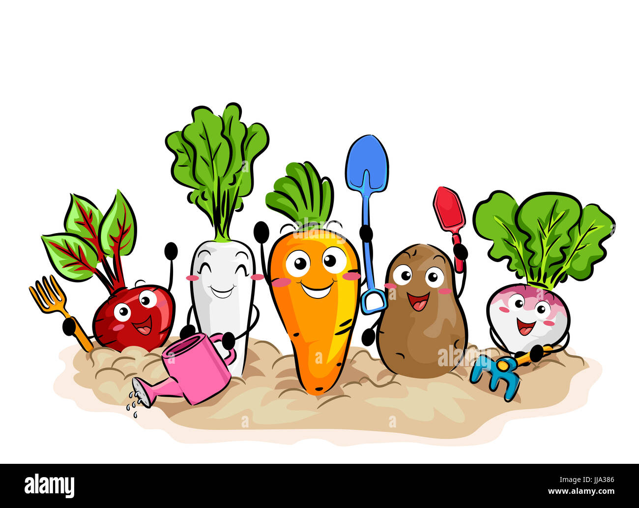 Colorful Illustration Featuring Happy Vegetables Using Different Gardening Tools Stock Photo