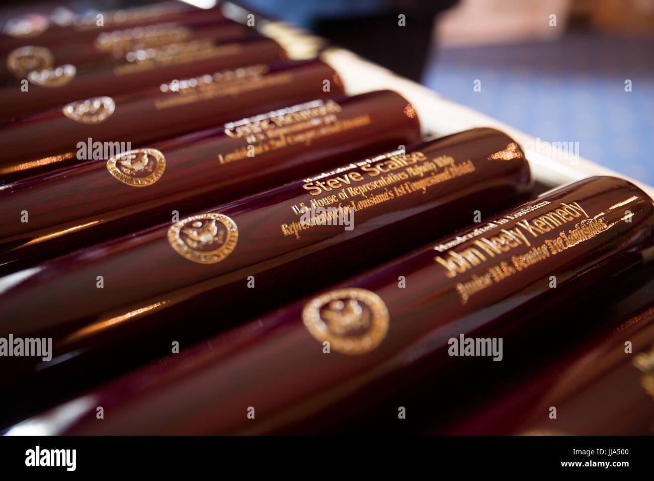 Washington, United States Of America. 18th July, 2017. U.S made Marucci baseball bats engraved for members of Congress on display during a Made in America product showcase featuring items created in each of the 50 states in the Blue Room of the White House July 17, 2017 in Washington, DC. Credit: Planetpix/Alamy Live News Stock Photo