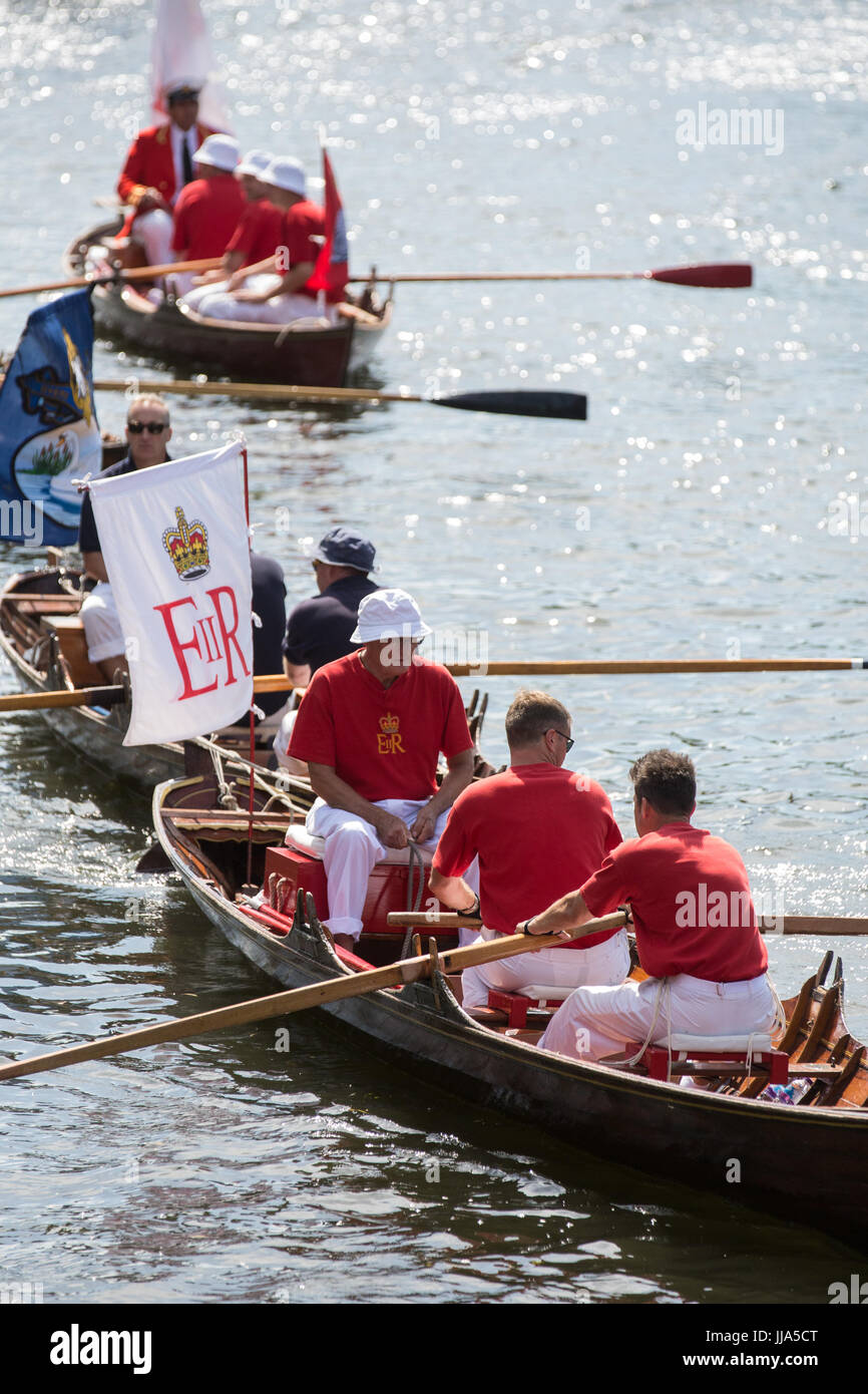 Bray Lock, UK. 18th July, 2017. Swan Uppers, including the Queen's Swan Marker David Barber MVO