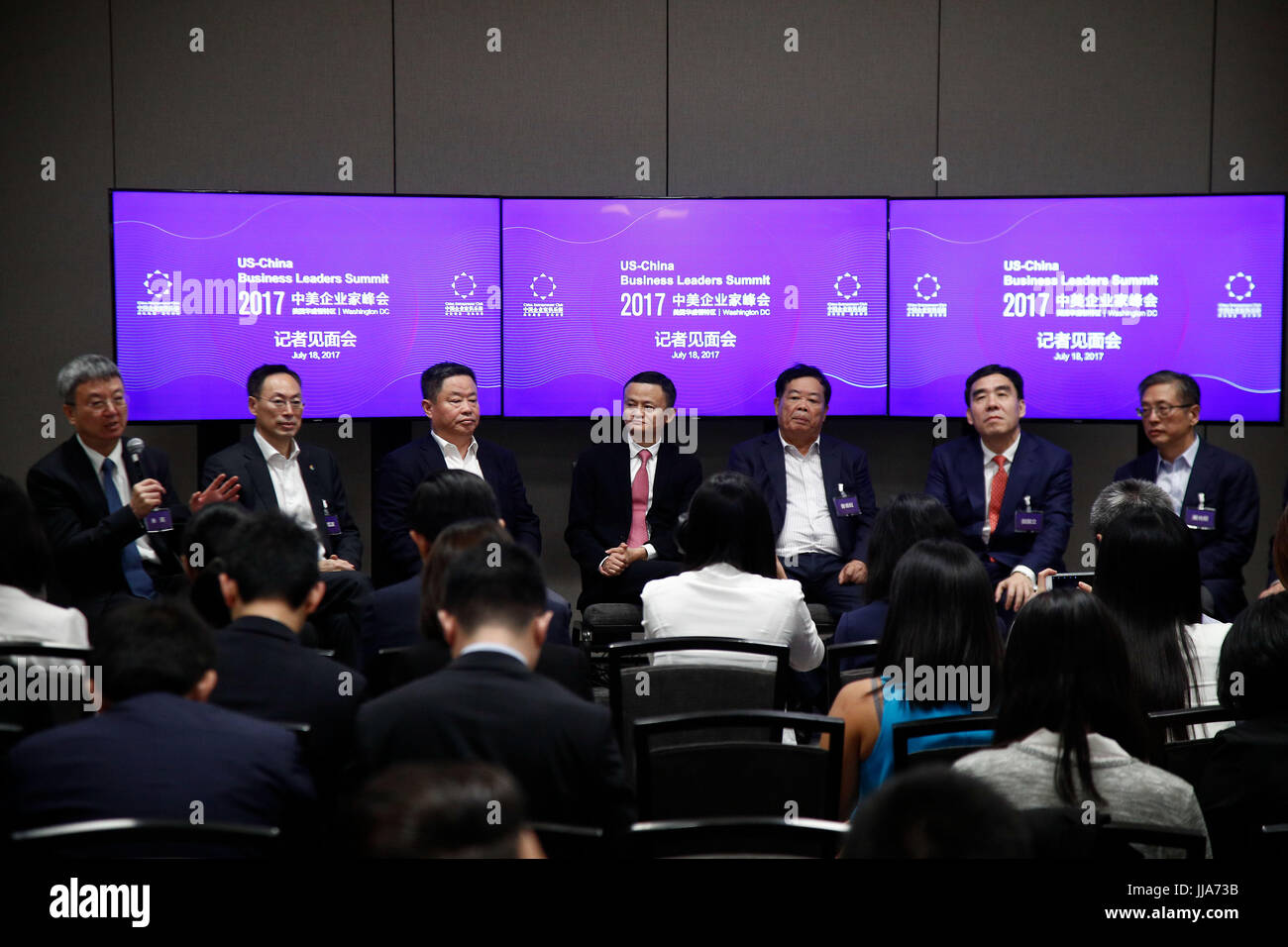 (170719) -- WASHINGTON D.C., July 19, 2017 (Xinhua) -- Jack Ma (C), founder and chairman of Chinese e-commerce giant Alibaba, takes part in a press conference with other Chinese business leaders during the 2017 China-U.S. Business Leaders Summit in Washington, DC July 18, 2017. Jack Ma said here on Tuesday that Chinese and U.S. business leaders should join force to set for broader cooperation between the world's two largest economies in the future rather than focusing on 'the problems of the past.' (Xinhua/Ting Shen) (yy) Stock Photo